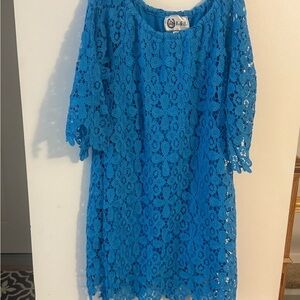 L&B Blue Sheath Dress with 3/4 Flutter Sleeves for Weddings